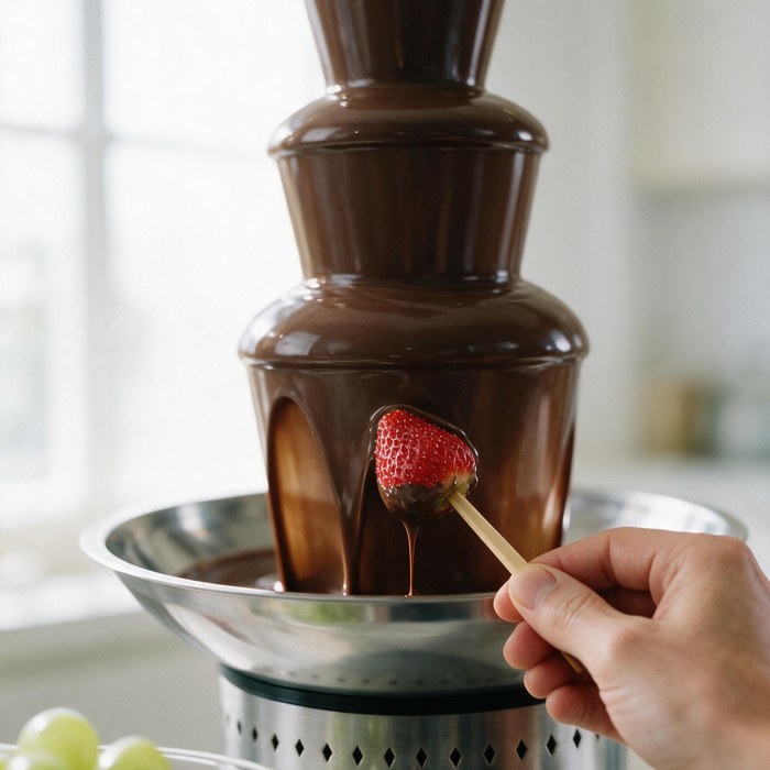 Morango sendo mergulhado no chocolate