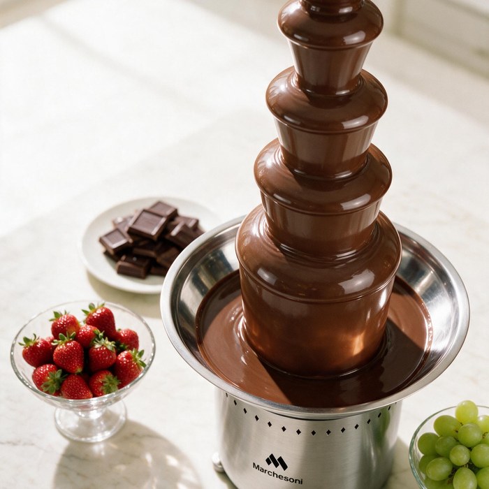 Cascata de chocolate com frutas e chocolates