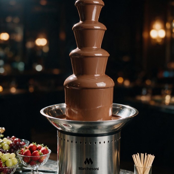 Cascata de chocolate em mesa de buffet