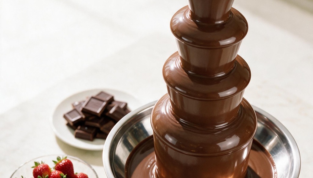 Cascata de chocolate em mesa de sobremesas