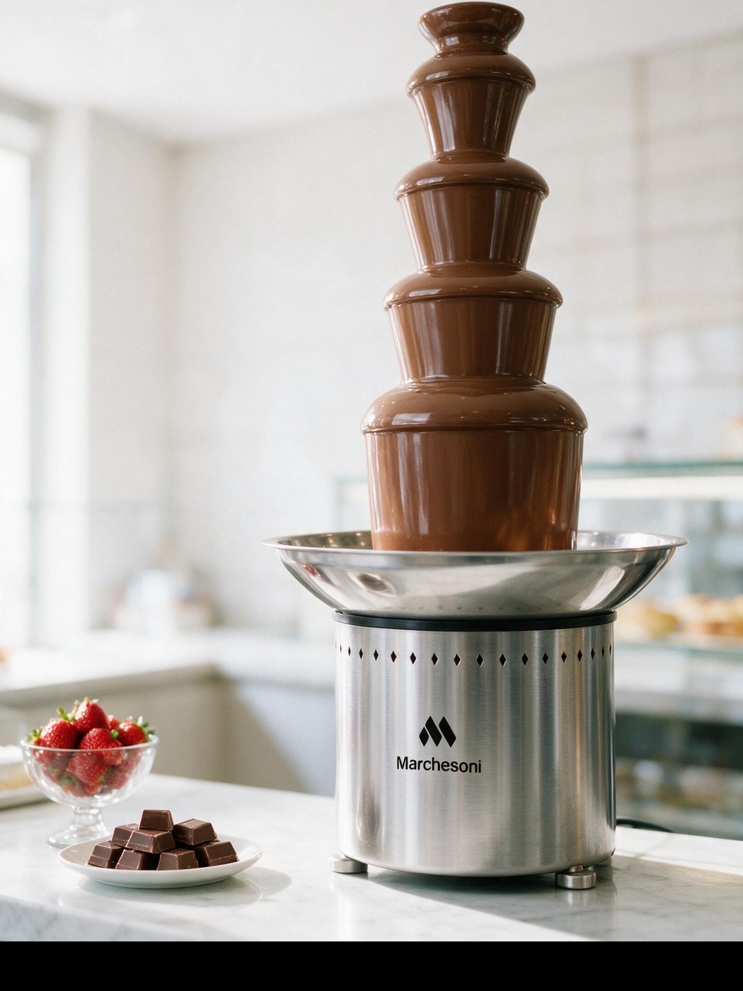 Cascata de chocolate em confeitaria