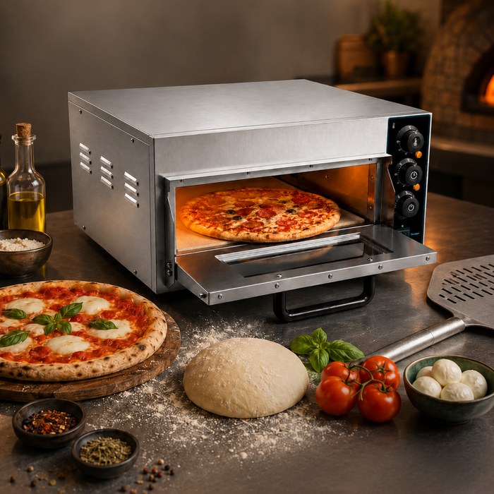 Pizza pronta ao lado do forno em ambiente de cozinha