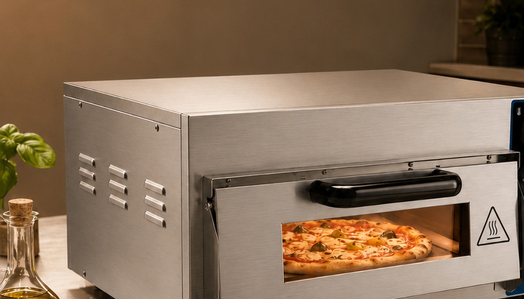 Visor frontal do forno com pizza visível durante o preparo