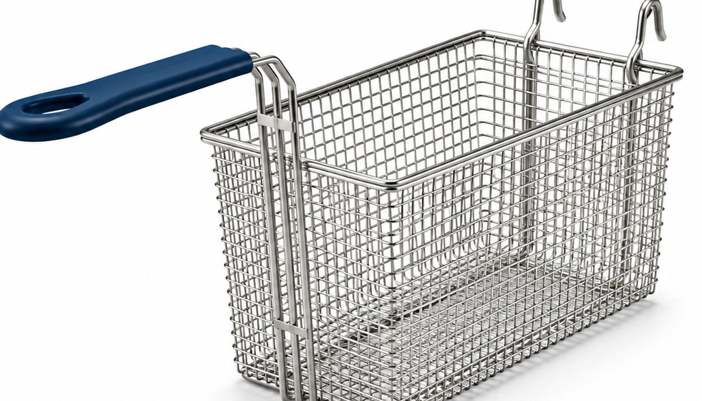 Cesto de fritura em aço inox com alça azul termoisolada