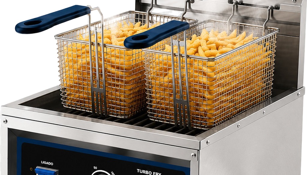 Dois cestos com batata frita na fritadeira