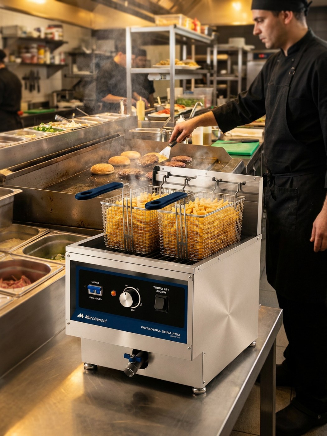 Fritadeira Zona Fria em cozinha de hamburgueria