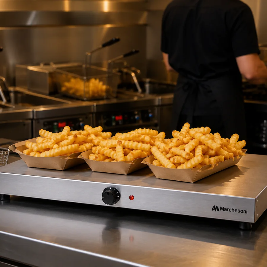 Pista Aquecida com alimentos em cozinha profissional