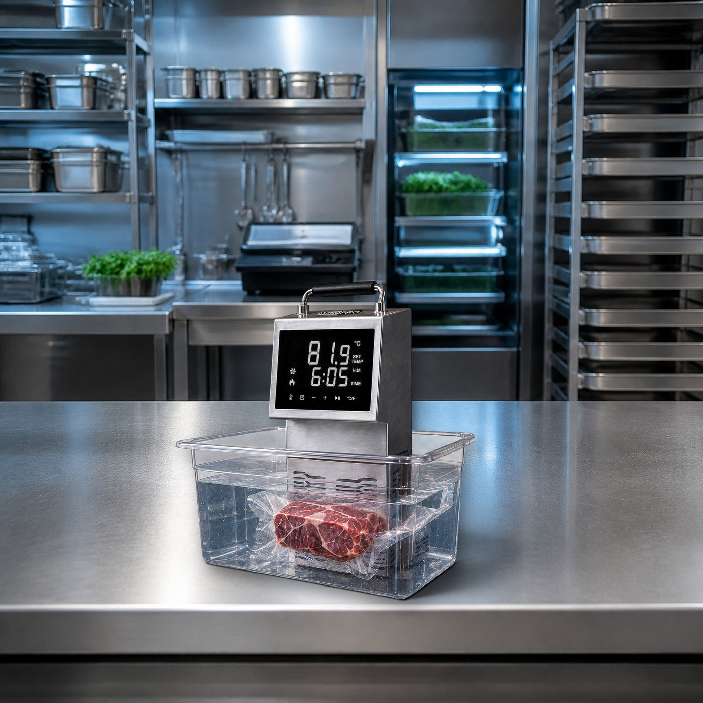 Termocirculador Sous Vide MarcPRO em pré-preparo profissional